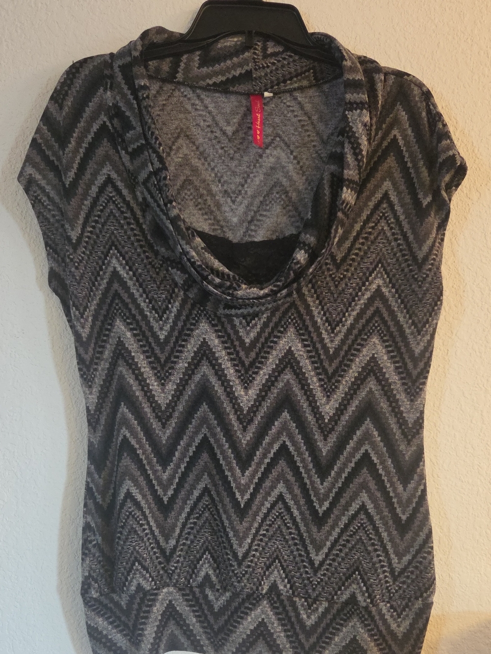 HeartSoul Cowl Neck Zigzag Short Sleeve Top - Black & Gray